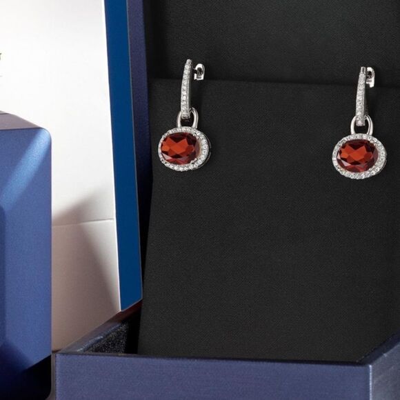 925 Sterling Silver with 4.44 Cttw Garnet Oval Dangling French Lock Earrings - Picture 4 of 5